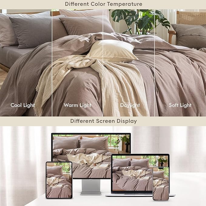 MooMee Bedding Duvet Cover Set 100% Washed Cotton Linen Like Textured Breathable Durable Soft Comfy (Heathered Mauve Brown, Oversized Queen 98"x98")
