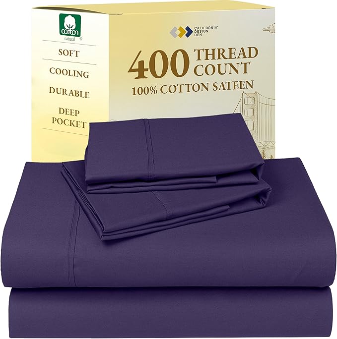California Design Den King Size Sheets Set - 400 Thread Count Sateen, Natural 100% Cotton Sheets with Deep Pockets, Breathable, Cooling and Durable Bedding Set - Purple
