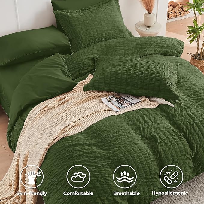 HYMOKEGE Olive Green Twin XL Comforter Set Seersucker 5 Pieces, All Season Luxury Bed in a Bag for Bedroom, Bedding Set with Comforter, Sheets, Pillowcase & Sham