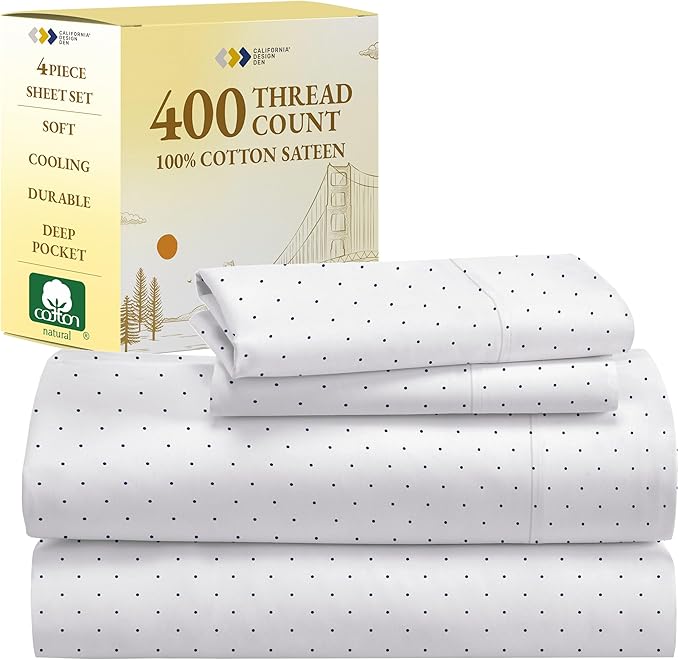 California Design Den Printed King Size Sheets Set - Luxury 400 Thread Count Sateen, Natural 100% Cotton Sheets, Deep Pockets, Cooling and Durable Bedding Set - Polka Dot