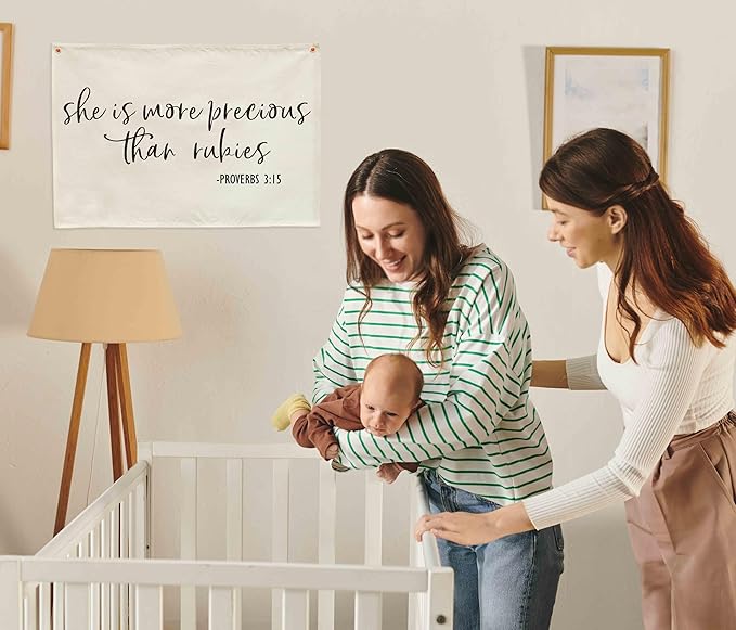 Christian Bible Verse Scripture Rectangular Banner Flag Wall Sign Decor Gift for Baby Girl Women-Nursery Baby Room Bedroom Decor-Baby,Shower Birthday Christmas Gift-She Is More Precious Than Rubies