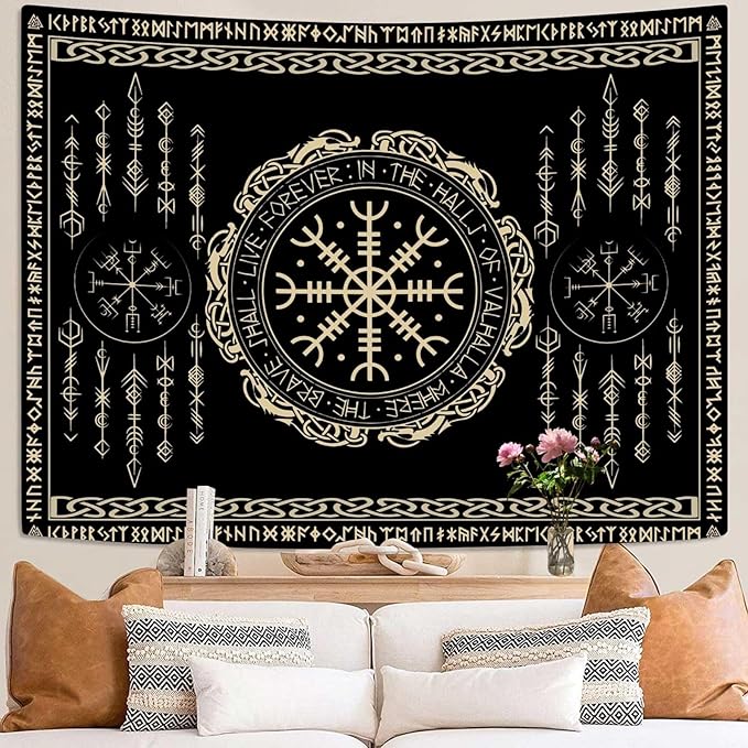 OSUNBD Nordic Vikings Tapestry Large 108x90inches Soft Flannel Vegvsir Symbol Amulet Celtic Rune Scandinavian Aesthetic Mythology Tapestry Wall Hanging for Bedroom Living Room Decor