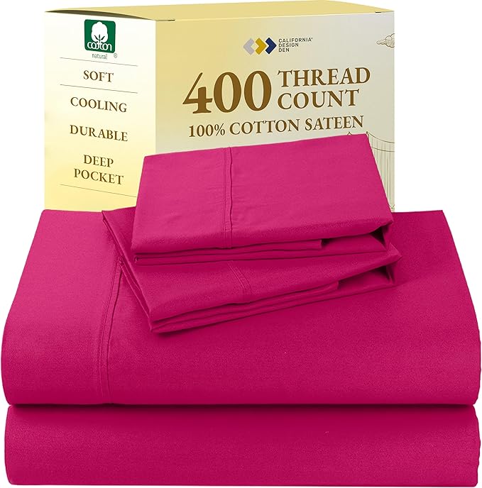 California Design Den Queen Bed Sheets Set - 400 Thread Count Sateen, Natural 100% Cotton Queen Size Sheet Set, Deep Pockets with All Around Elastic, Soft, Cool and Durable Bedding - Hot Pink