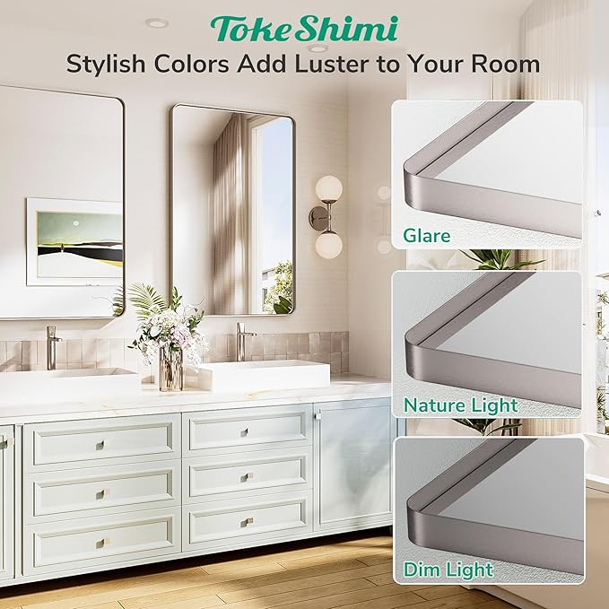 TokeShimi 24x32 Brushed Nickel Bathroom Mirror,Vanity Mirror for Bathroom with Tempered Glass,Rectangle Bathroom Wall Mirror with Aluminum Frame(Horizontal/Vertical)