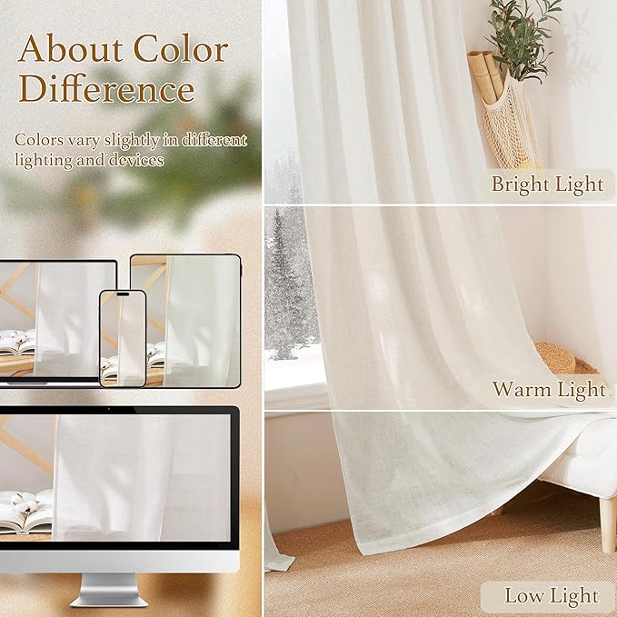RYB HOME Natural Linen Blend Curtains - Semi Sheer Privacy Window Drapes, Soft Breathable Vintage Light Filtering Sheer Curtains 108 Inches Long for Sliding Door Bedroom, W 52 x L 108, 2 Pcs, Linen