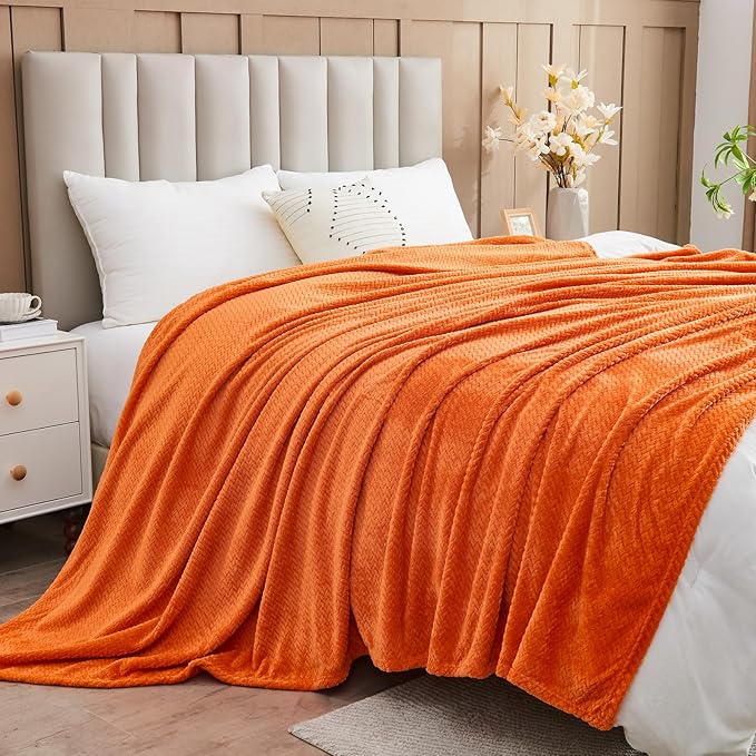 NEWCOSPLAY Super Soft King Blanket Orange Premium Silky Flannel Fleece Leaves Pattern Lightweight Bed Blanket All Season Use (Orange, King(90"x110"))
