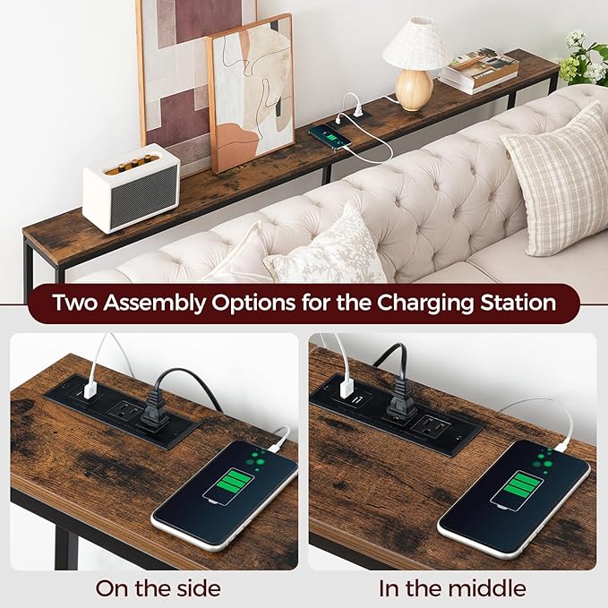 78.7" Console Table with Power Outlet, Narrow Sofa Table Behind Couch, Skinny Entryway Table with with Charging Station, for Hallway, Foyer, Living Room, Rustic Brown CTHR20E01
