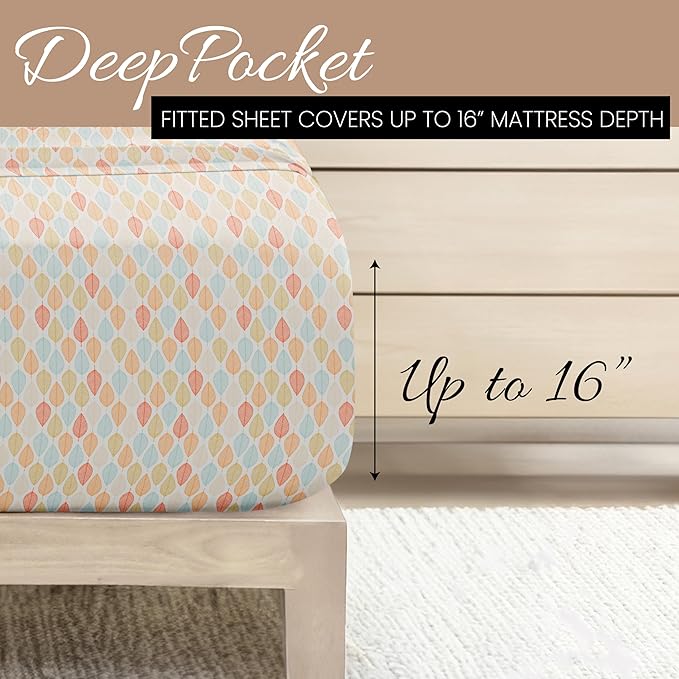 Linen Market 4 Piece King Sheet Set - Breathable, Double-Brushed Patterned Cooling Sheets – Oeko-TEX Certified Ultra Soft & Wrinkle-Free 16" Deep-Pocket King Sheets - Easy Care Fall Foliage Yellow