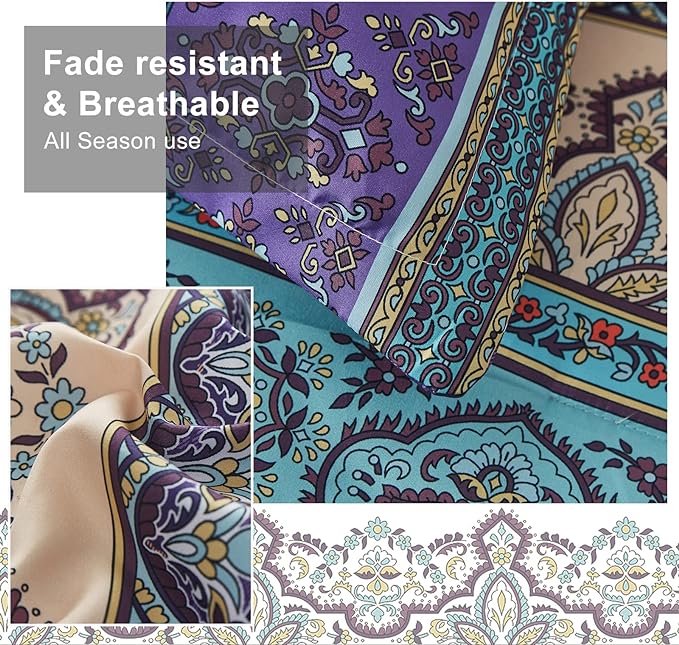 Cottolester Boho Comforter Set Queen Size 8 Piece Bed in a Bag Bohemian Striped Bedding Quilt Set Aqua Paisley Floral Comforter and Sheet Set,Soft Microfiber Complete Bedding Sets for All Season