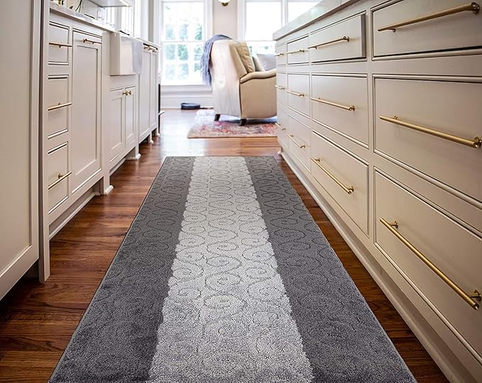 Custom Size Modern Runner Rug Carpet for Hallway Entryway Foyer Kitchen, Slip Resistant Latex Rubber Backed 31 inch Wide X Customized Length, Scroll Grey, 31 inch X 8 feet