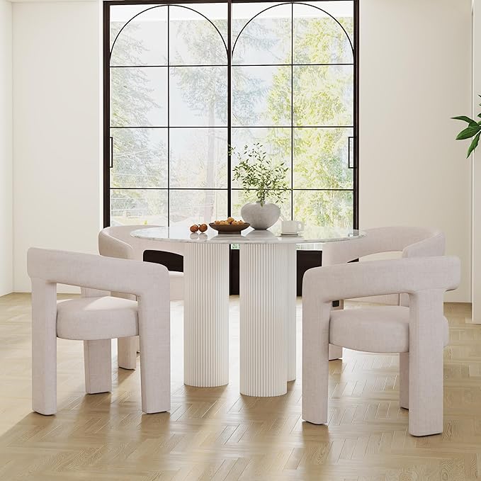 Modern Barrel Dining Chairs Set of 4, Linen Upholstered Accent Side Chair with Arms Comfy Makeup Vanity Chairs, Dining Living Room Kitchen Chairs, Beige