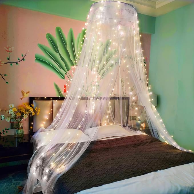 Eimilaly Lace Bed Canopy Mosquito Netting, Princess Bed Canopy for Girls Room Decor, White/Single Door