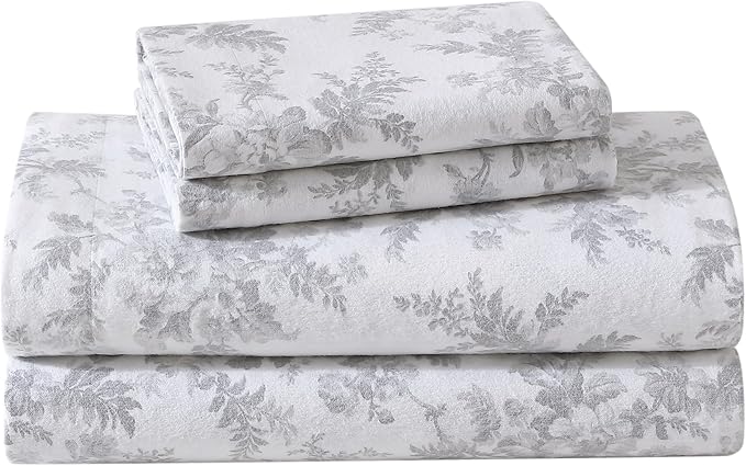 Laura Ashley - Flannel Sheets King Size, Anti-Pilling & Wrinkle Resistant Cotton, Touchably Soft for All-Season Comfort - Bed Sheets with Matching Pillowcases & Fitted Sheet (Vanessa Grey)
