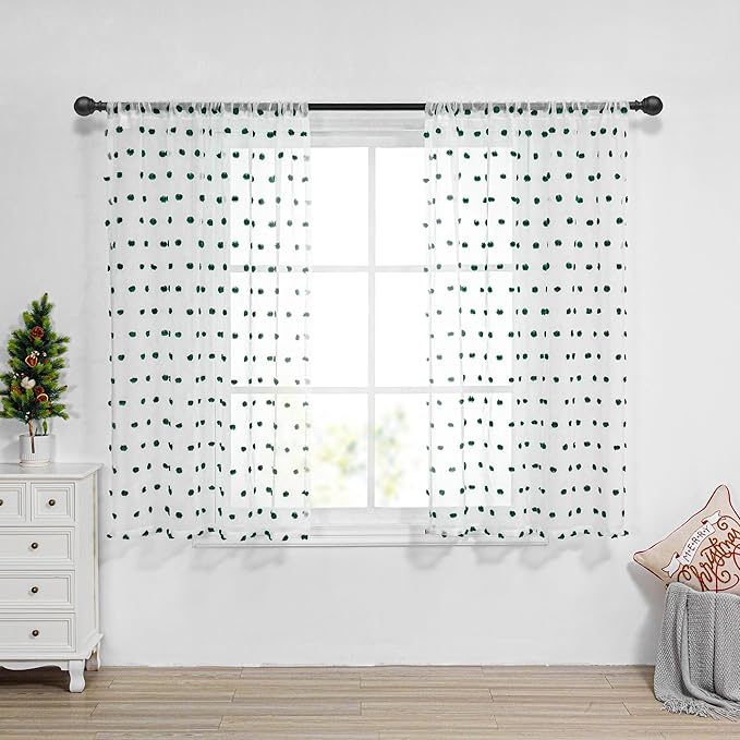 MYSKY HOME Short Christmas Curtains for Small Window - 45 Inch Long Kitchen & Bedroom Sheer Curtains - Hunter Green & White Pom Pom Panels - 2 Sets 52 x 45 Inch