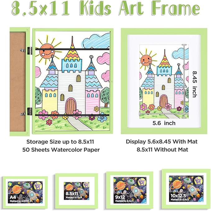 KINLINK 8.5x11 Kids Art Frames Set of 2, Solid Wood Kids Artwork Frames Changeable with Acrylic Front Opening Holds 150 Pictures, Art Frame for Kids Artwork with Mat or without Mat, Light Green