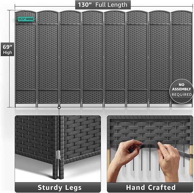 Sorbus 8 Panel Room Divider 6 ft. Tall - Privacy Screen, Extra Wide Double Hinged Panels, Mesh Hand-Woven Design, Partition Room Dividers and Folding Privacy Screens, Wall Divider for Room Separation