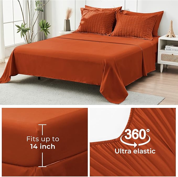 HYMOKEGE Burnt Orange Full Size Comforter Sets Seersucker 7 Pieces, All Season Luxury Bed in a Bag for Bedroom, Bedding Set with Comforters, Sheets, Pillowcases & Shams