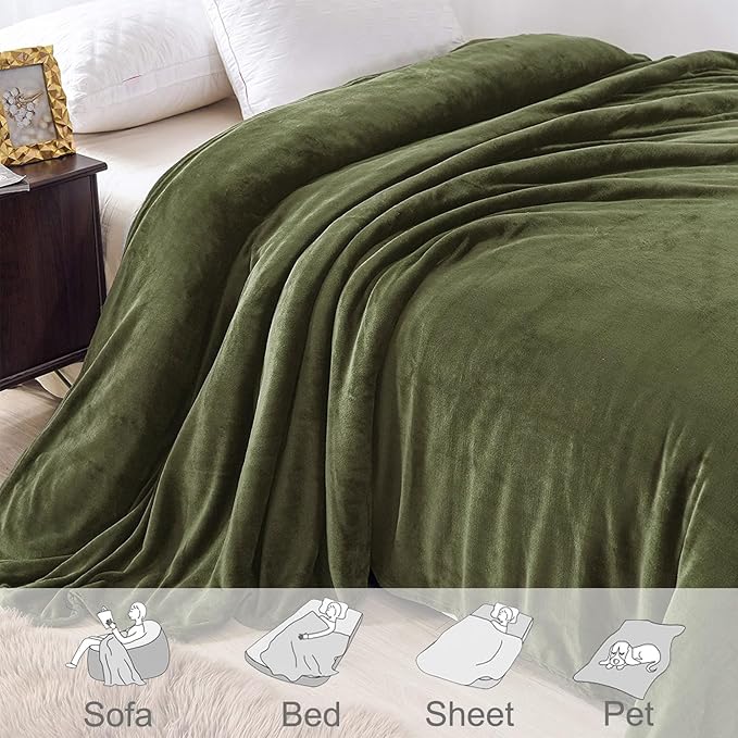 Exclusivo Mezcla Fleece Blanket King Size for Bed, Super Soft and Warm, All Season Use, Cozy, Plush, Lightweight, 90x104 Inches, Olive Green