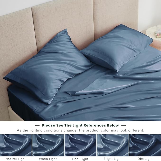 Love's cabin Satin Queen Sheets Set - 4 Piece Ash Blue Silky Bed Sheets Set with Deep Pocket, Luxury Silk Feel Satin Queen Size Sheet Set (1 Flat Sheet,1 Fitted Sheet,2 Pillow Cases)