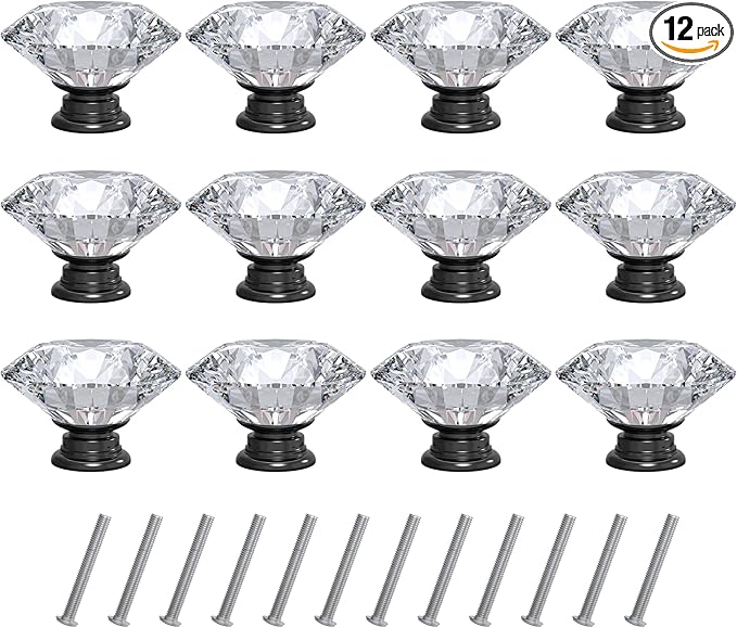 Tomorotec 12-Pack 40mm White Crystal Glass Cabinet Drawer Pull with Black Base for Modern & Classic Styles, Easy-to-Install Elegant Home Decor Upgrade with Durable Hardware for Vanity, Wardrobe, Desk