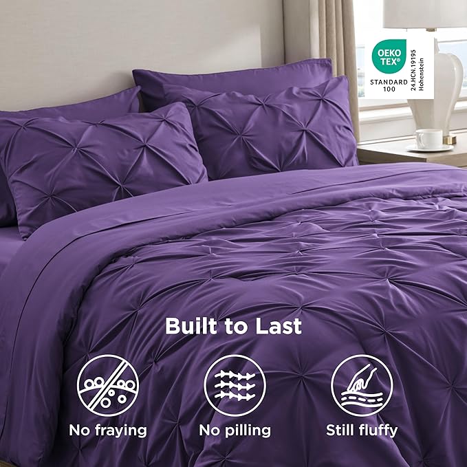 Bedsure King Size Comforter Set Purple - Bed in a Bag Bedding Set 7 Pieces, GentleSoft™ Pintuck Bed Set Gift for Family, Pinch Pleat Purple Comforter with Sheets, Pillowcases & Shams