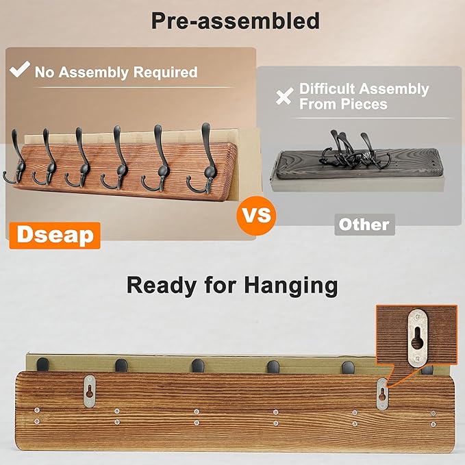 Dseap Coat Rack Wall Mounted - 24" Long 6 Tri Hooks, Heavy Duty Wooden Wall Coat Hanger Coat Hook for Clothes Hat Jacket Clothing, Weathered Brown and Black, Pack of 2