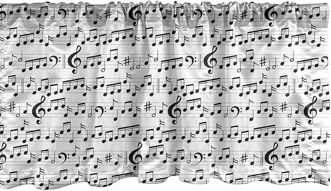 Ambesonne Music Window Valance, Abstract Style Professional Pattern Notes and Clef Sheet Play Writing Print, Curtain Valance for Kitchen Bedroom Decor with Rod Pocket, 42" x 12", Black White