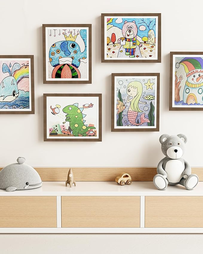 BAIJIALI Brown Art Frames for Kids Artwork - Front Opening Holds 150 Drawings, 3D Crafts - 2 Packs 8.5x11 with mat or 9x12 without Mat