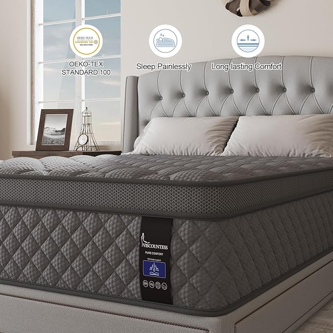 Queen Mattress, 14 Inch Hybrid Mattresses Grey Euro Top Medium Firm for Back & Lumbar Support, 100 Night Trial, Individual Pocket Spring Bed for Motion Isolation & Pressure Relief