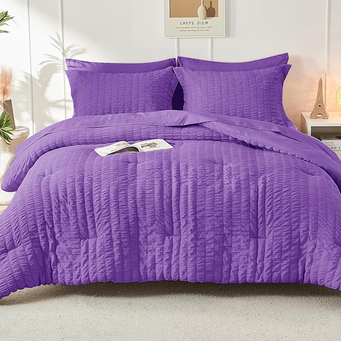 HYMOKEGE Dark Purple Queen Comforter Set Seersucker 7 Pieces, All Season Luxury Bed in a Bag Queen for Bedroom, Bedding Set with Comforter, Sheets, Pillowcases & Shams