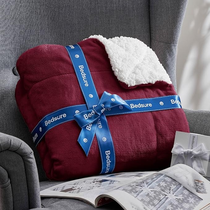 Bedsure GentleSoft Sherpa Fleece Throw Blanket for Couch - Thick and Warm Throw for Girls and Women, Soft Fuzzy Plush Christmas Blanket for Winter, Burgundy, 50x60 Inches