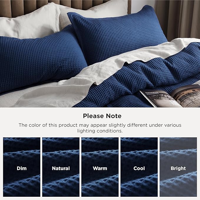 Bedsure Cotton Duvet Cover King - 100% Cotton Waffle Weave Navy Blue Duvet Cover King Size, GentleSoft™ and Breathable Bedding Set for All Season, 3 Pieces, 104"x90"