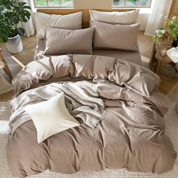 MooMee Bedding Duvet Cover Set 100% Washed Cotton Linen Like Textured Breathable Durable Soft Comfy (Solid Brown, King 104"x90")