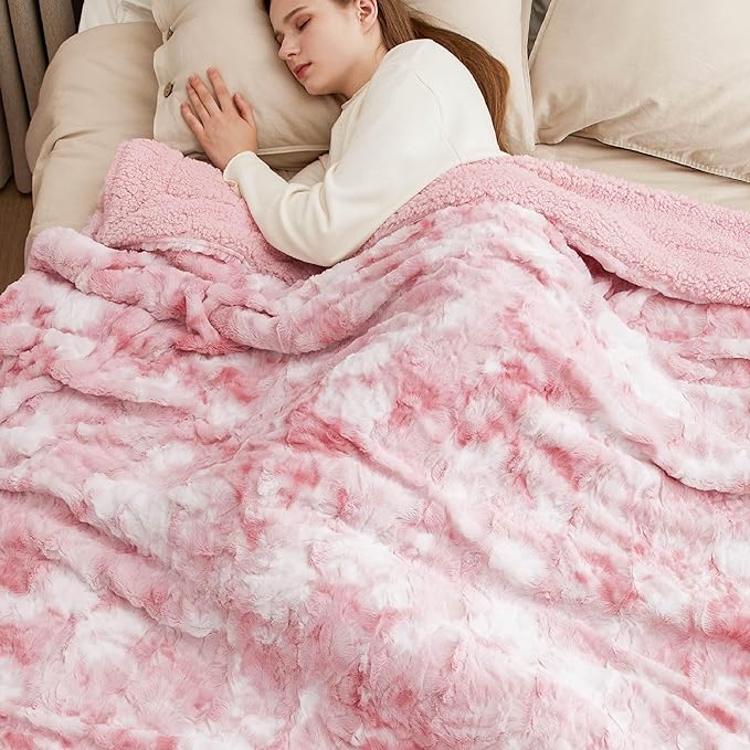 Bedsure GentleSoft Sherpa Fluffy Blanket King Size for Bed - Fleece Warm and Cozy for Women Gift, Plush & Fuzzy Faux Fur Christmas Blanket for Couch, Sofa Decor, Tie Dye Design, Pink, 108x90 Inches