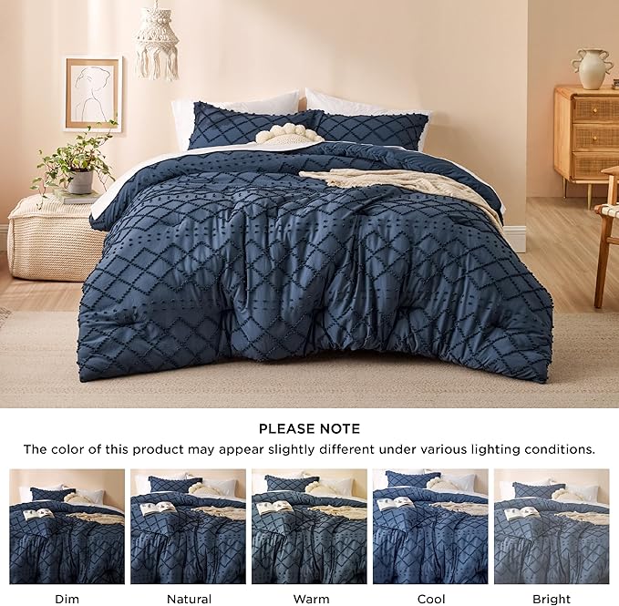 Bedsure Twin XL Comforter Set - Navy Blue Comforter, Boho Tufted Shabby Chic Bedding for Kids, 2 Pieces Vintage Farmhouse Bed Set for All Seasons, Fluffy Soft Bedding with 1 Pillow Sham