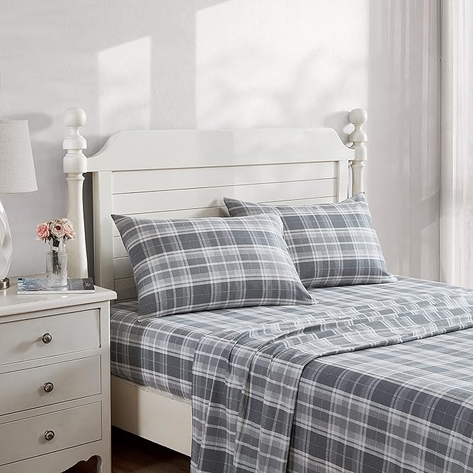 Laura Ashley - Flannel Sheets Full Size, Anti-Pilling & Wrinkle Resistant Cotton, Touchably Soft for All-Season Comfort - Bed Sheets with Matching Pillowcases & Fitted Sheet (Mulholland Plaid Grey)