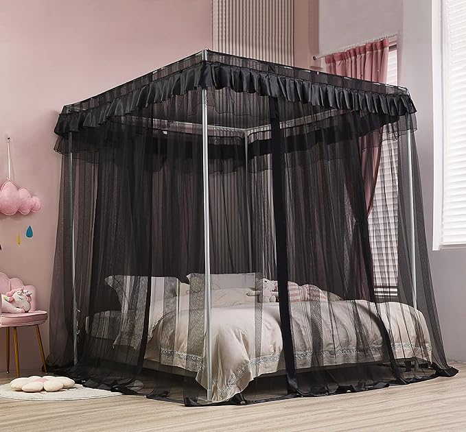 Mengersi Black Elegant 4 Corners Post Canopy Bed Curtains Mosquito Net Bed Drapes Full Size