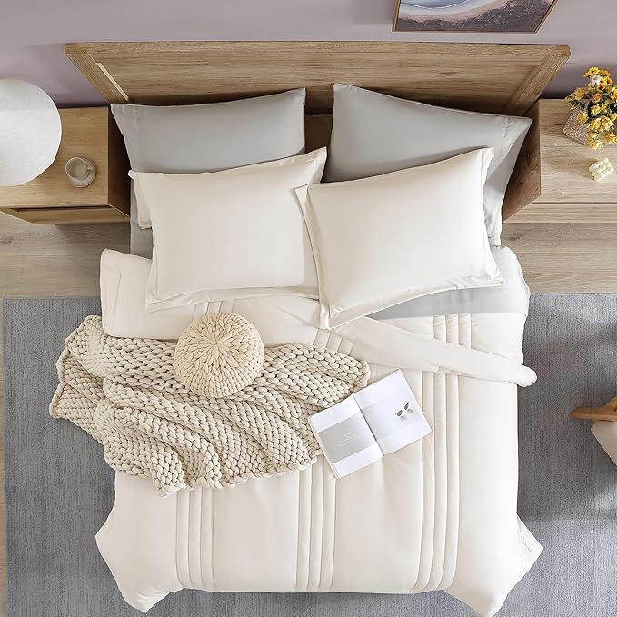 Monbix Full Comforter Set - 7 Pieces White Bed in a Bag Full Size Bedding Sets with Comforters, All Seasons Down Alternative Comforter with Sheets,Pillowcases & Shams
