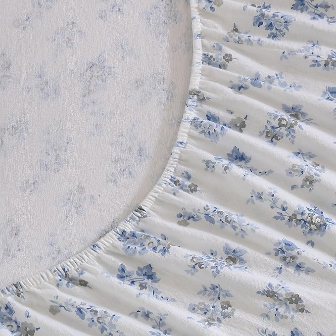Laura Ashley - Flannel Sheets Queen Size, Anti-Pilling & Wrinkle Resistant Cotton, Touchably Soft for All-Season Comfort - Bed Sheets with Matching Pillowcases & Fitted Sheet (Audrey Blue)