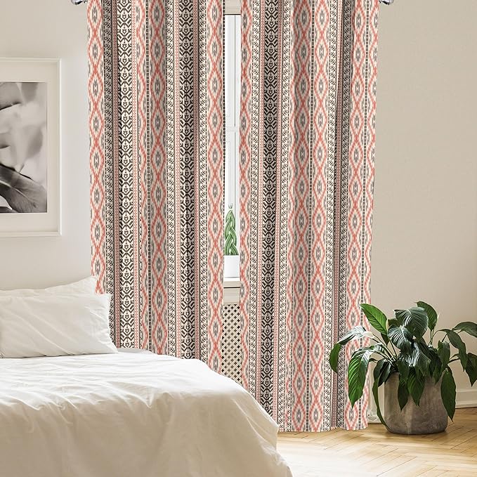 Ambesonne Southwestern Window Curtains, Traditional Vertical Borders Inspired by Prehistoric Art Ikat Style, Lightweight Decorative Panels Set of 2 with Rod Pocket, Pair of - 28" x 95", Brown Coral
