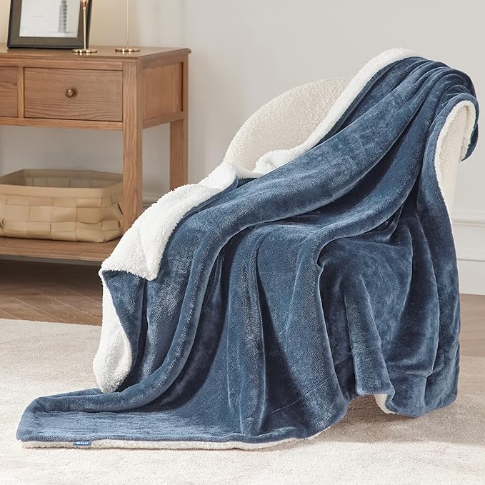 Bedsure GentleSoft Sherpa Fleece Throw Blanket Twin Size for Couch - Thick and Warm Throw for Women and Men, Soft Fuzzy Plush Twin Blanket for Winter, Slate Blue, 60x80 Inches