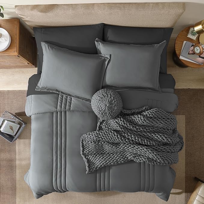 Monbix Twin XL Size Comforter Set - Extra Long 5 Pieces Dorm Bedding Sets, Quilting Design Fluffy Bed in a Bag Twin XL with Sheets, Pillowcase & Sham(Grey)