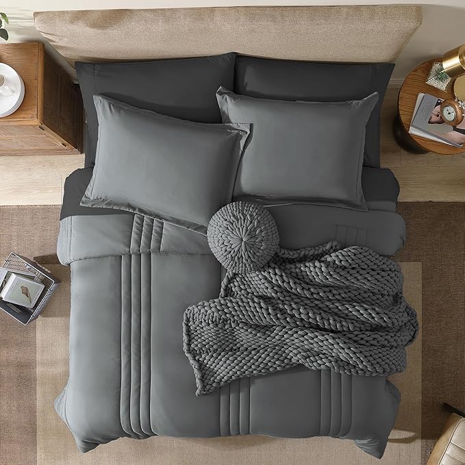 Monbix Full Comforter Set - 7 Pieces Grey Bed in a Bag Full Size Bedding Sets with Comforters, All Seasons Down Alternative Comforter with Sheets,Pillowcases & Shams