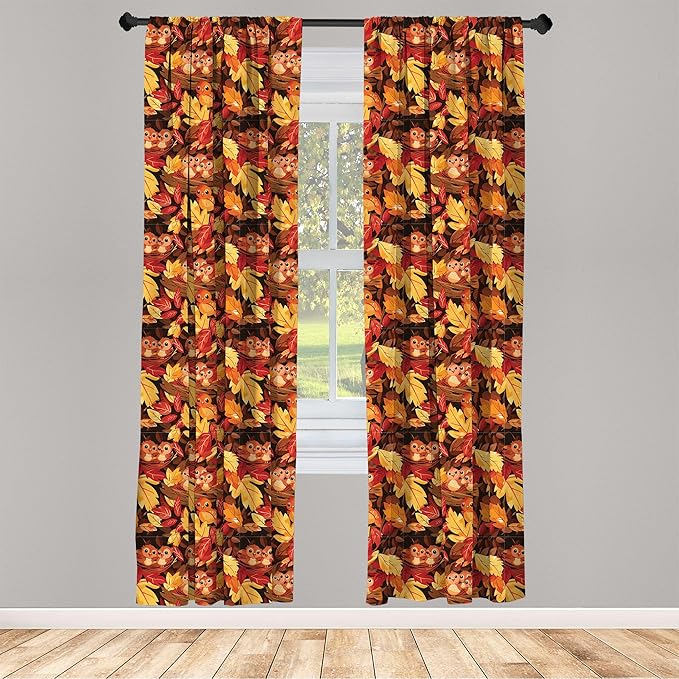 Ambesonne Fall Curtains, Happy Autumnal Colors with Birds in Nests Cartoon Illustration Print, Window Treatments 2 Panel Set for Living Room Bedroom, Pair of - 28" x 84", Cinnamon Amber and Orange