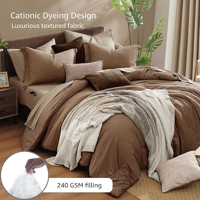 Monbix Queen Comforter Set - 7 Pieces Cationic Dyeing Brown Bed in a Bag Queen Bedding Sets with Comforter, Sheets, Pillowcases & Shams, Reversible Bedding Comforters Sets
