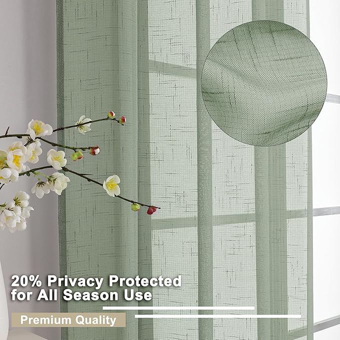 Aiyufeng Sage Green Sheer Curtains 72 inches Long 2 Panels, Fresh Textured Semi Sheer Green Curtains Linen Breathable Elegant Door Curtains & Drapes for Farmhouse/Living Room/Kitchen, 40Wx72L inch