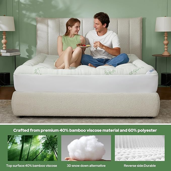 BEDLORE King Mattress Topper Viscose Derived from Bamboo, Thick Pillow Top Mattress Pad with Stretchable Pockets for 6"-18" Mattress, Soft Breathable Mattress Topper for Back Pain Relief