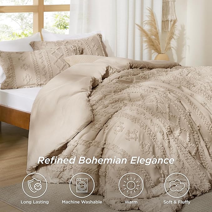 Bedsure Tufted Boho Comforter Set King Size - Khaki Boho Bed Set, GentleSoft™ 3 Pieces Farmhouse Shabby Chic Embroidery Bedding, Gifts for Woman, Soft Jacquard King Comforter for All Seasons