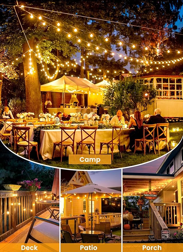 Brightown LED Outdoor String Light, 100 Feet Patio Lights with 52 Edison Shatterproof Bulbs(2 Spare), UL Listed Waterproof Outside Lights for Backyard Balcony Party Xmas Decor, E12 Base, Connectable