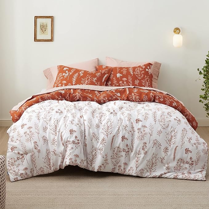 Bedsure Twin/Twin XL Comforter Set - Terracotta Bed Set, 2 Pieces Cute Floral Bedding, 1 Soft Reversible Botanical Flowers Comforter and 1 Pillow Sham